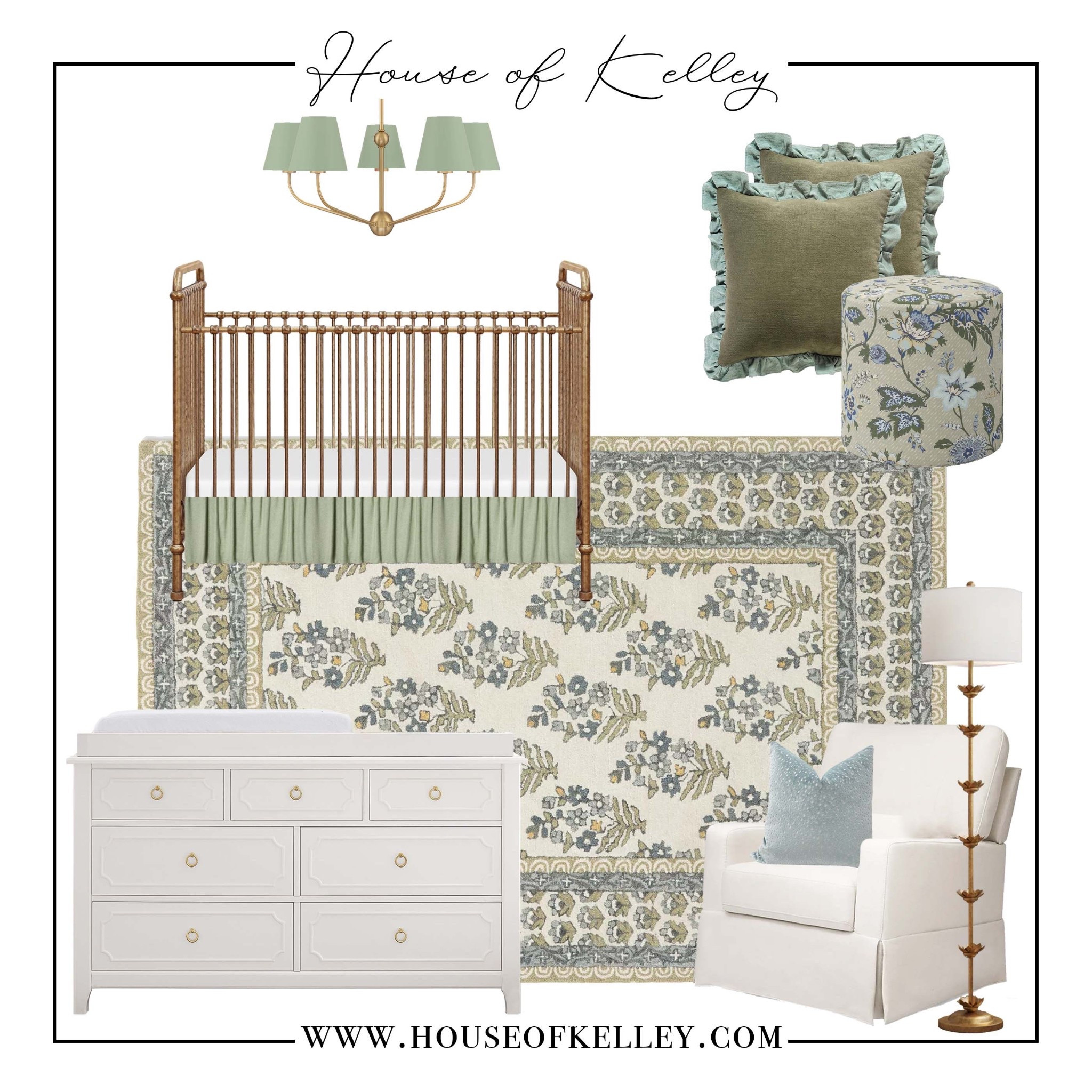 Girl nursery, baby nursery, green nursery, baby room, neutral baby room, neutral nursery, floral rug, green throw pillows, blue throw pillows, girl area rug, nursery rocking chair, swivel chair, accent chair, nursery glider, baby girl, nursery inso, nursery mood board, pottery barn kids, pottery barn baby, namesake crib, brass crib, gold crib, white dresser, white furniture, nursery lighting, brass floor lamp, rifle paper co rug, Anthropologie, vintage lamp, nursery lighting.

#LTKBump #LTKHome #LTKBaby