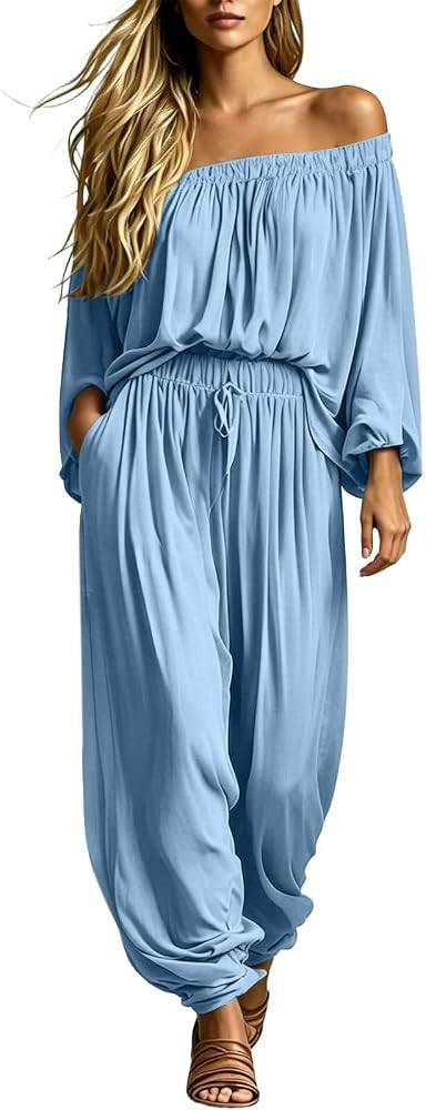 Women's Linen 2 Piece Outfits Off Shoulder Top and Baggy Harem Pants Set | Amazon (US)