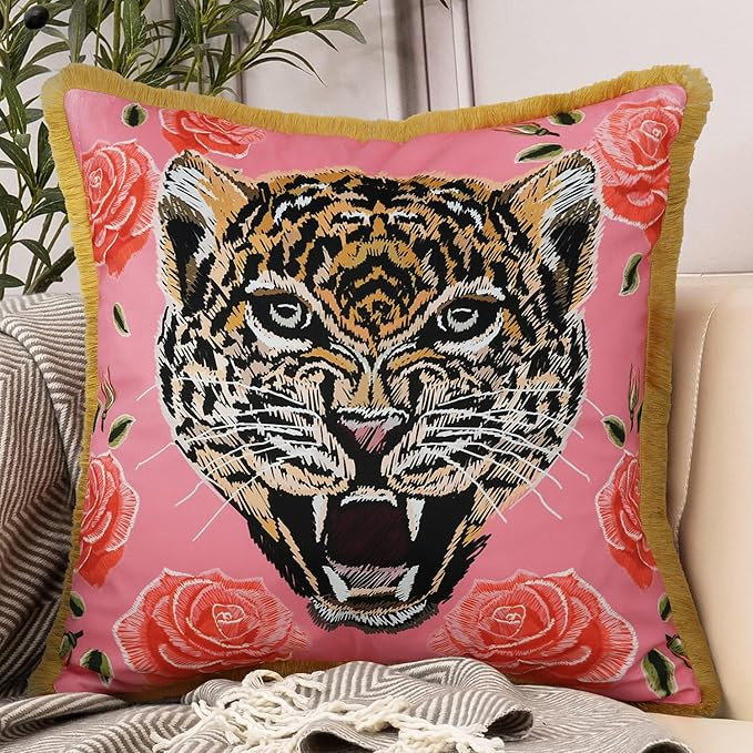 Tiger Floral Velvet Decorative Throw Pillow Cover 18x18 In Pink Pillow Covers Flower Animal Print... | Amazon (US)