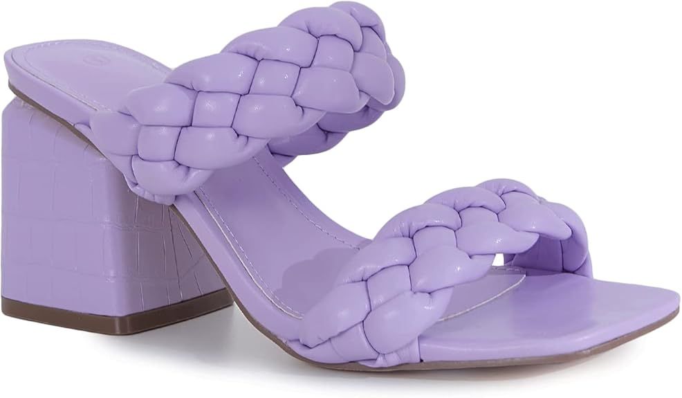 Mskilder Womens Braided Heeled Sandals Square Toe Backless Strappy Slip On Block Heels Slides San... | Amazon (US)