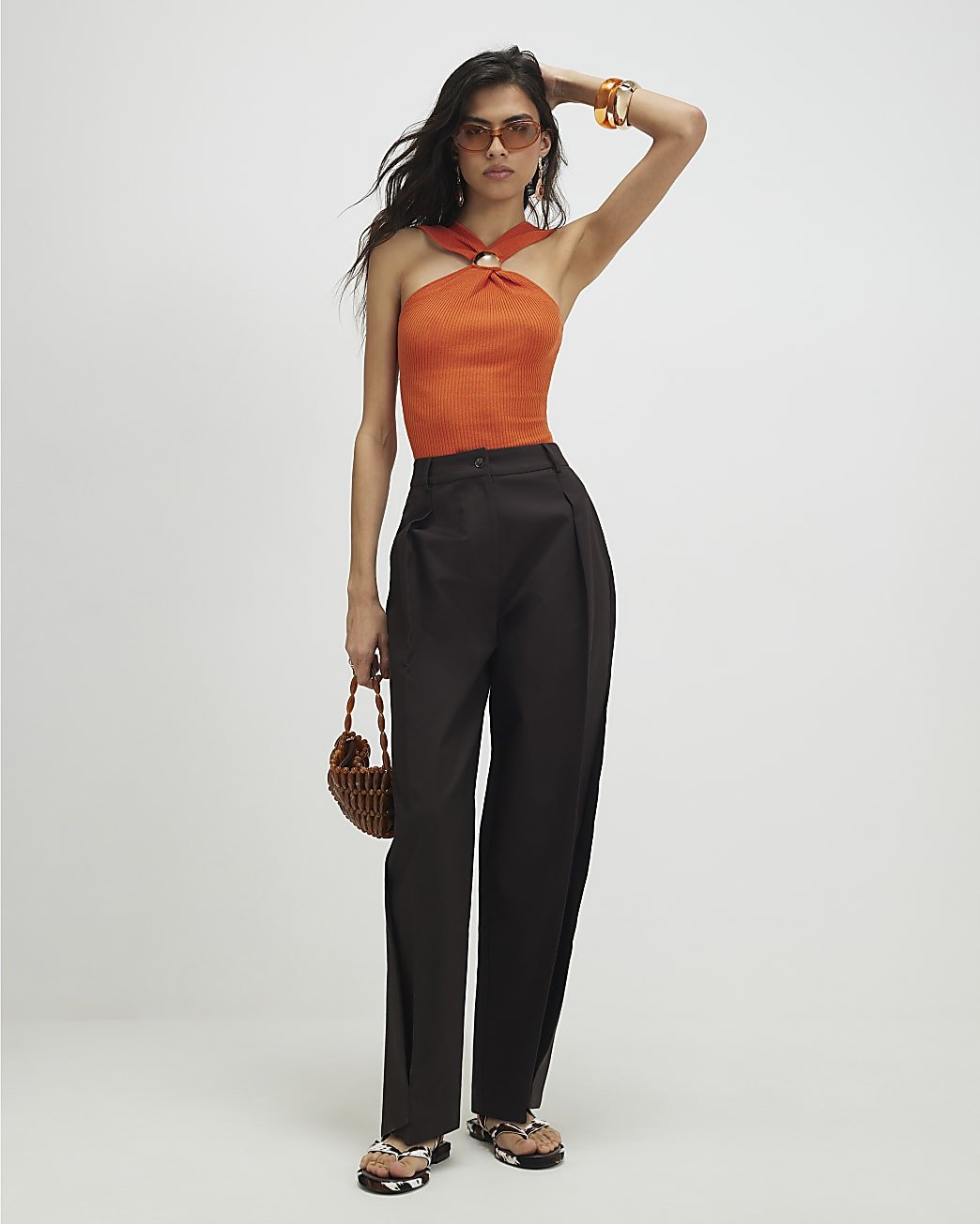 Orange Knitted Halter Neck Brooch Top | River Island UK & IE
