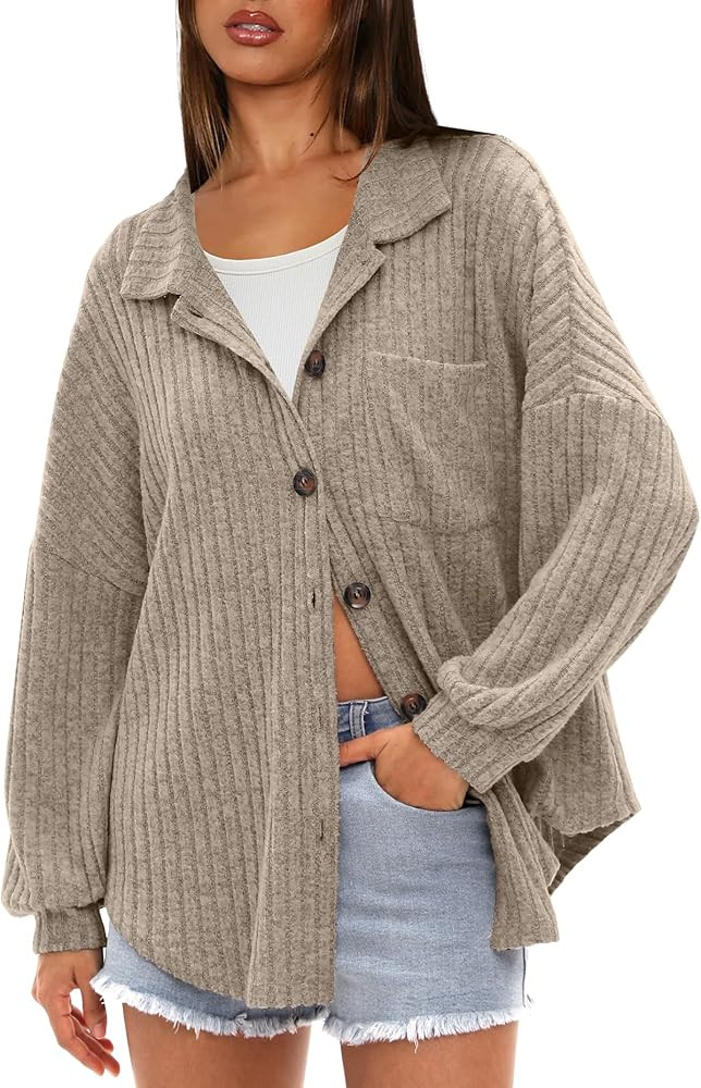 Darong Women’s Tops Button Down Shirts Long Sleeve Shacket Jacket Loose Fit Ribbed Knit Work Fa... | Amazon (US)