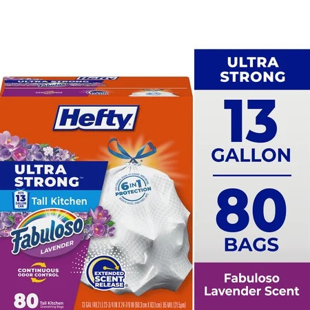 Hefty Ultra Strong 13 Gallon Trash Bags, Tall Kitchen Trash Bags, White, Fabuloso Lavender Scent, 80 Bags | Walmart (US)