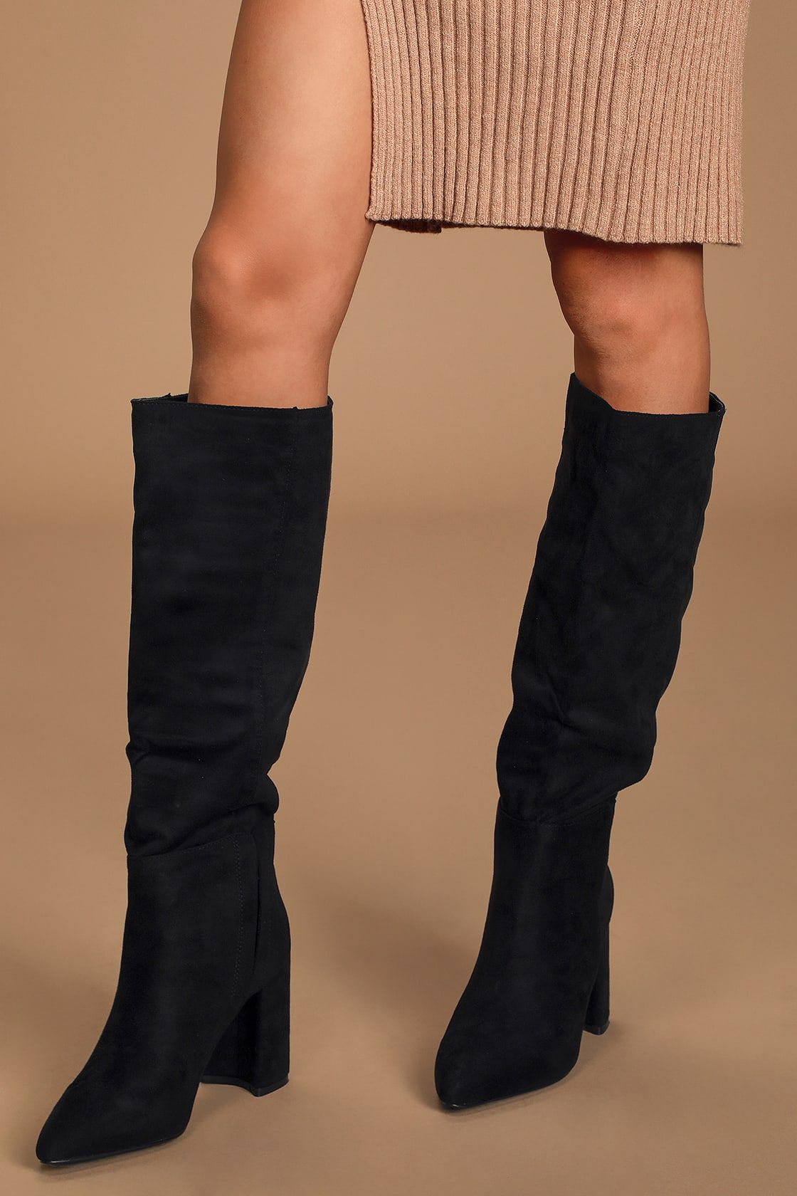 Katari Black Suede Pointed-Toe Knee High Boots | Lulus (US)