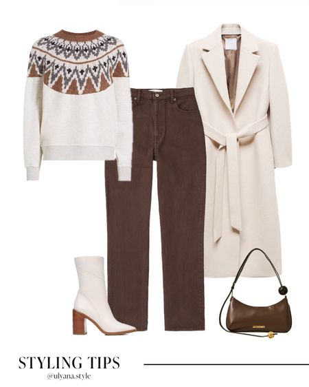 A white long coat paired with a fair isle sweater, brown jeans, white booties and a handbag makes a cute winter outfit. 
.
.
.
.
.
.
.
Coat outfit | winter coat | winter boots | winter jacket | wool blend coat | belted coat | cream coat | dad coat | coat outfit | pea coat | tailored coat | warm coat | sweater outfits | sweater and jeans | knit sweater | white sweater | winter sweater | jeans outfit | jeans and boots | Abercrombie jeans | straight leg jeans | high waisted jeans | ankle booties | heeled booties | white booties outfit | designer bags | brown bag | outfit ideas | outfit inspo 

#LTKGiftGuide #LTKSeasonal #LTKFind #LTKunder50 #LTKunder100 #LTKHoliday #LTKU #LTKsalealert #LTKfindsunder50 #LTKfindsunder100 #LTKstyletip #LTKworkwear #LTKtravel #LTKshoecrush #LTKitbag 