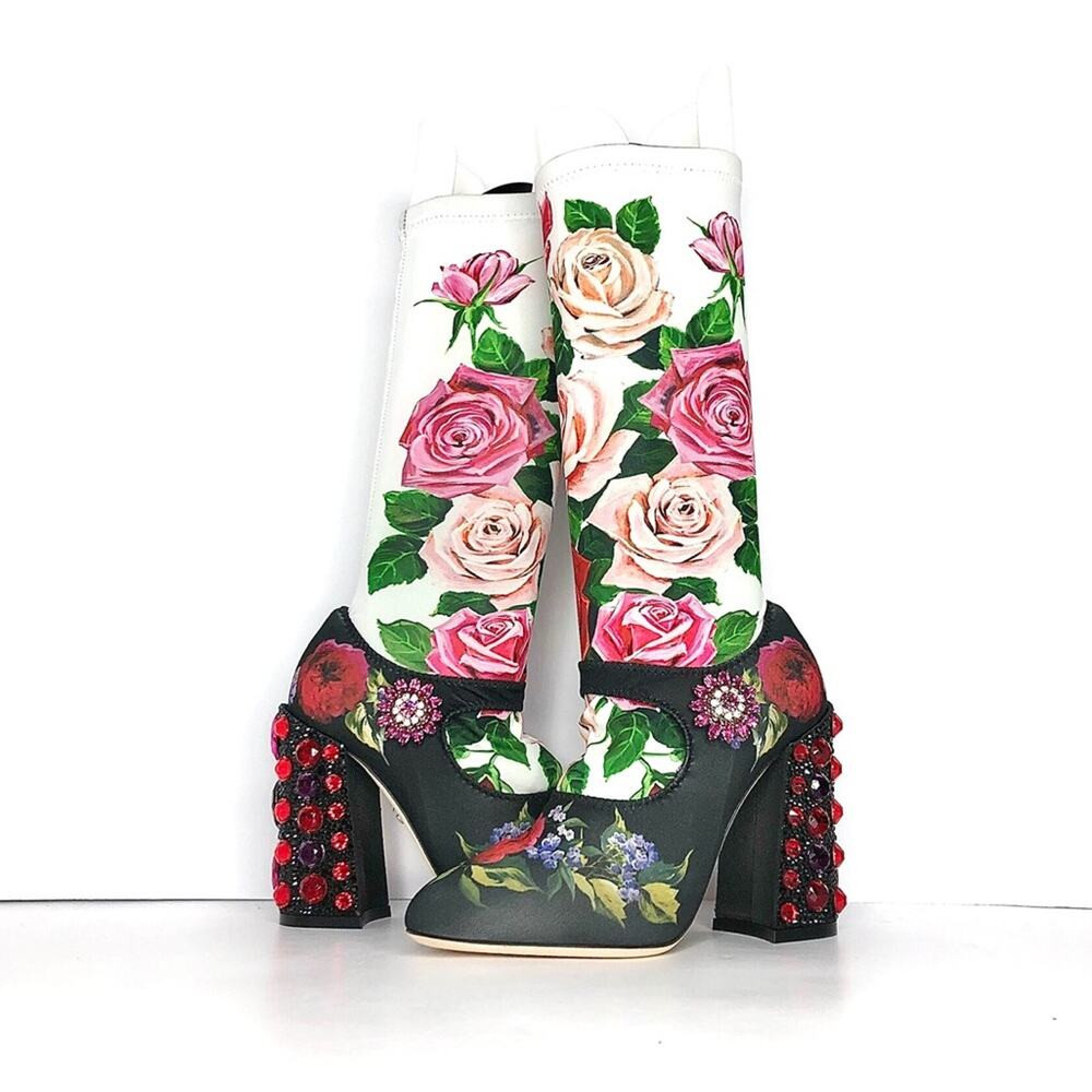NIB Dolce & Gabbana Crystal Embellished Floral Maryjane Sock Boots 37 | Poshmark