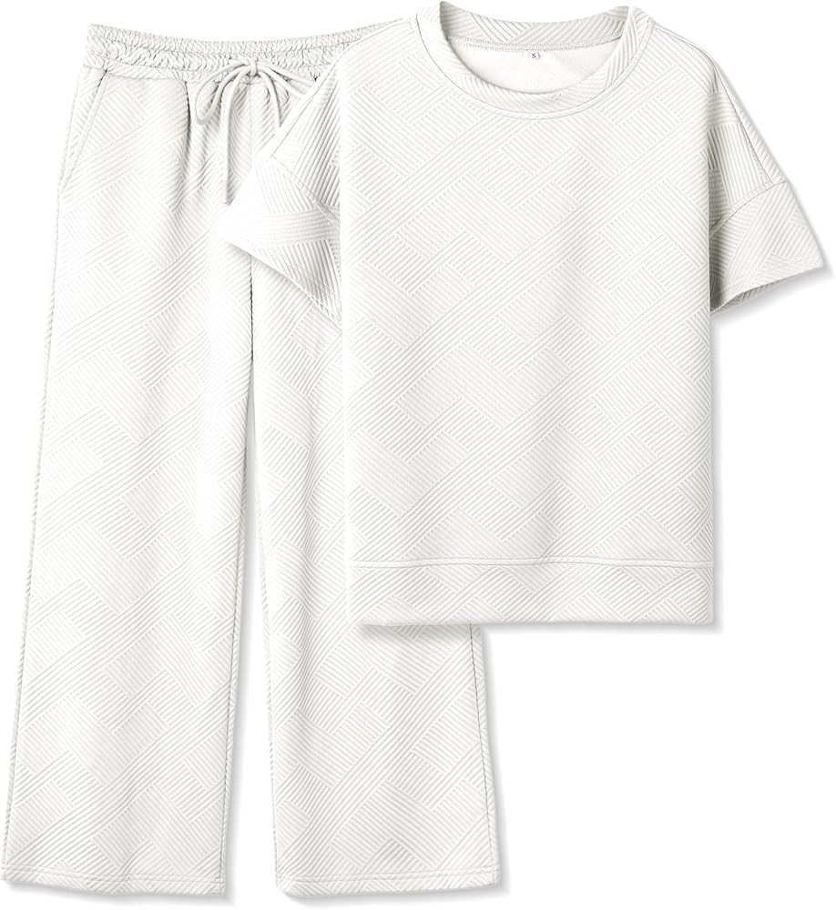 Women's 2 Piece Outfits Textured Sweatsuit 3/4 Batwing Sleeve Crew Neck Pullover Top Wide Leg Pan... | Amazon (US)