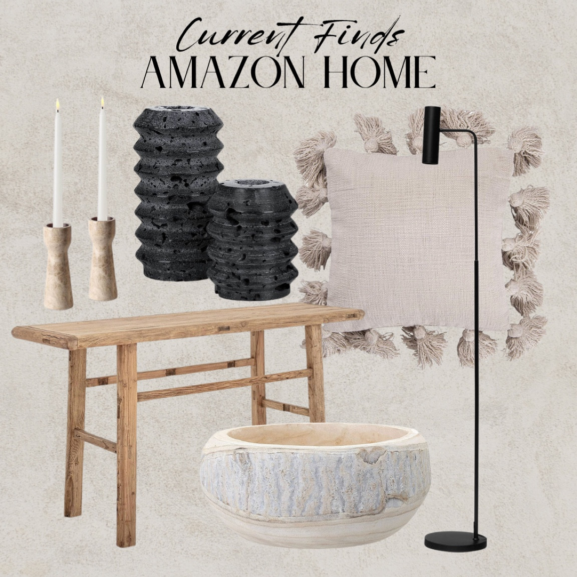 Amazon home finds. Wood rustic console table bench, linen tassel throw pillow, black stone candle holders, beige stone travertine marble tapered candle holders, white oak wood bowl, black modern floor lamp, organic modern, French country. #amazon #amazonfind #ltk #organicmodern#LTKSale

#LTKSeasonal #LTKhome