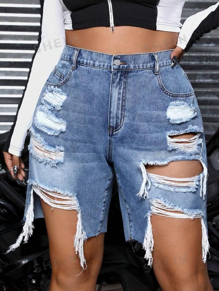 SHEIN ICON Plus Ripped Raw Hem Denim Shorts | SHEIN