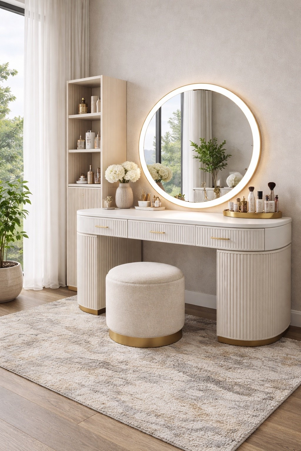 Elegant modern makeup vanity in soft neutral tones featuring a curved beige dressing table, round LED mirror and boucle vanity stool. This cozy beauty corner creates the perfect minimalist space for skincare, makeup and everyday beauty routines while adding a luxurious touch to your bedroom decor.

#makeupvanity
#vanitytable
#beautyroom
#vanitysetup
#modernvanity
#minimalhome
#neutraldecor
#homedecor
#interiordesign
#pinteresthome
#ltkhome
#moderninterior
#luxurydecor
#beautycorner
#bedroomdecor