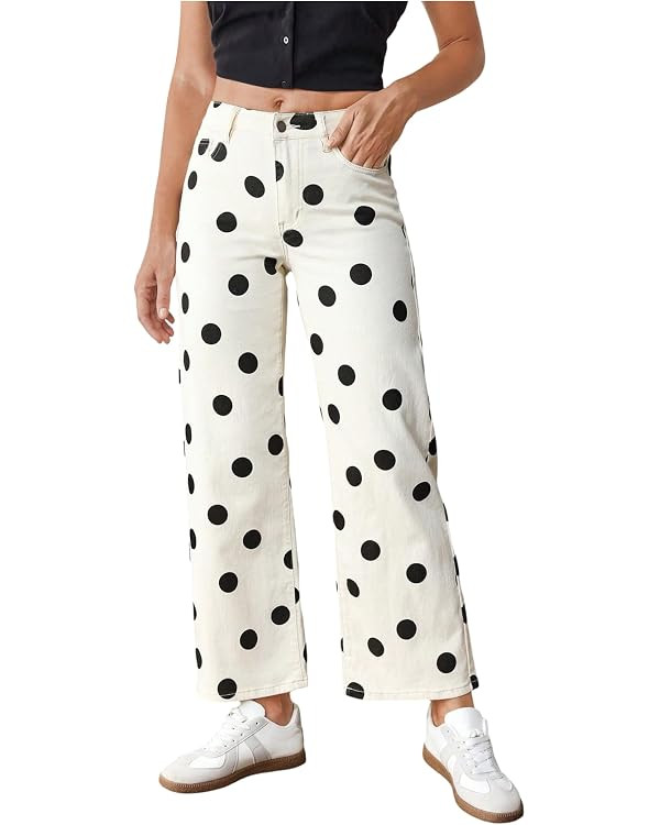 WDIRARA Women's Polka Dots Jeans Vintage Stretchy Straight Leg Denim Pants | Amazon (US)