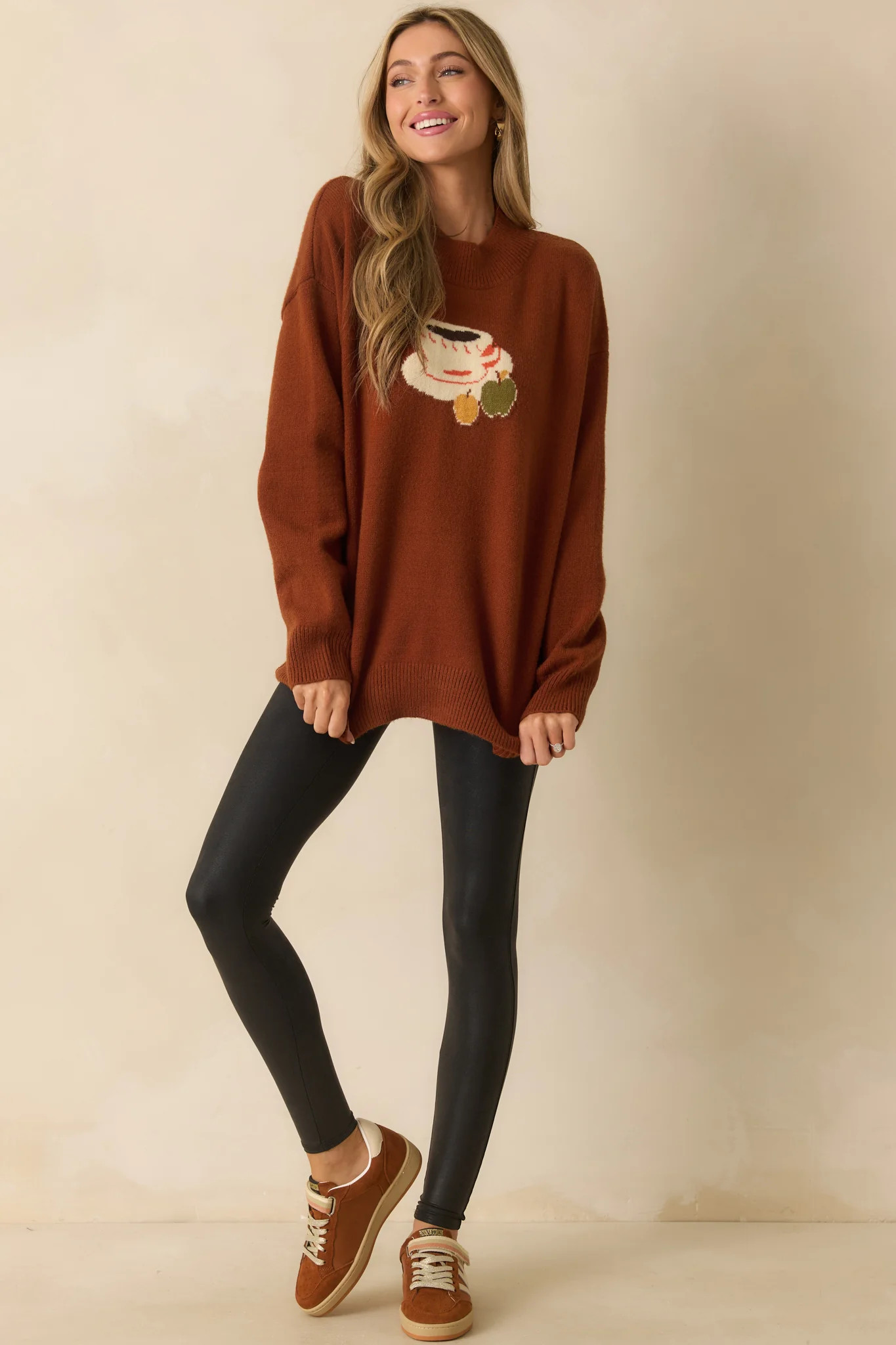 Another Town Over Rust Brown Coffee Cup Knit Crewneck Sweater | Red Dress