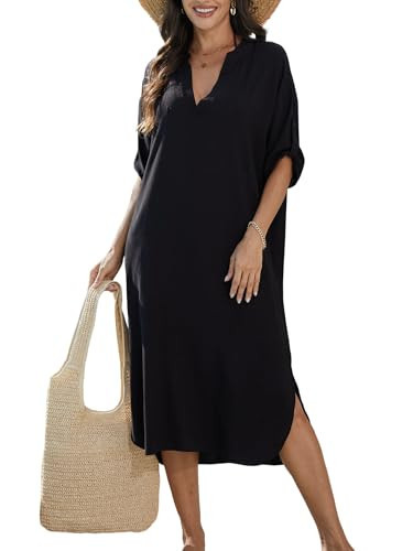 Spicy Sandia Beach Cover Up Shirt Dress Women Long Swimsuit Coverups Swimwear Bathing Suit Kaftan Vacation Outfits Black L | Amazon (US)