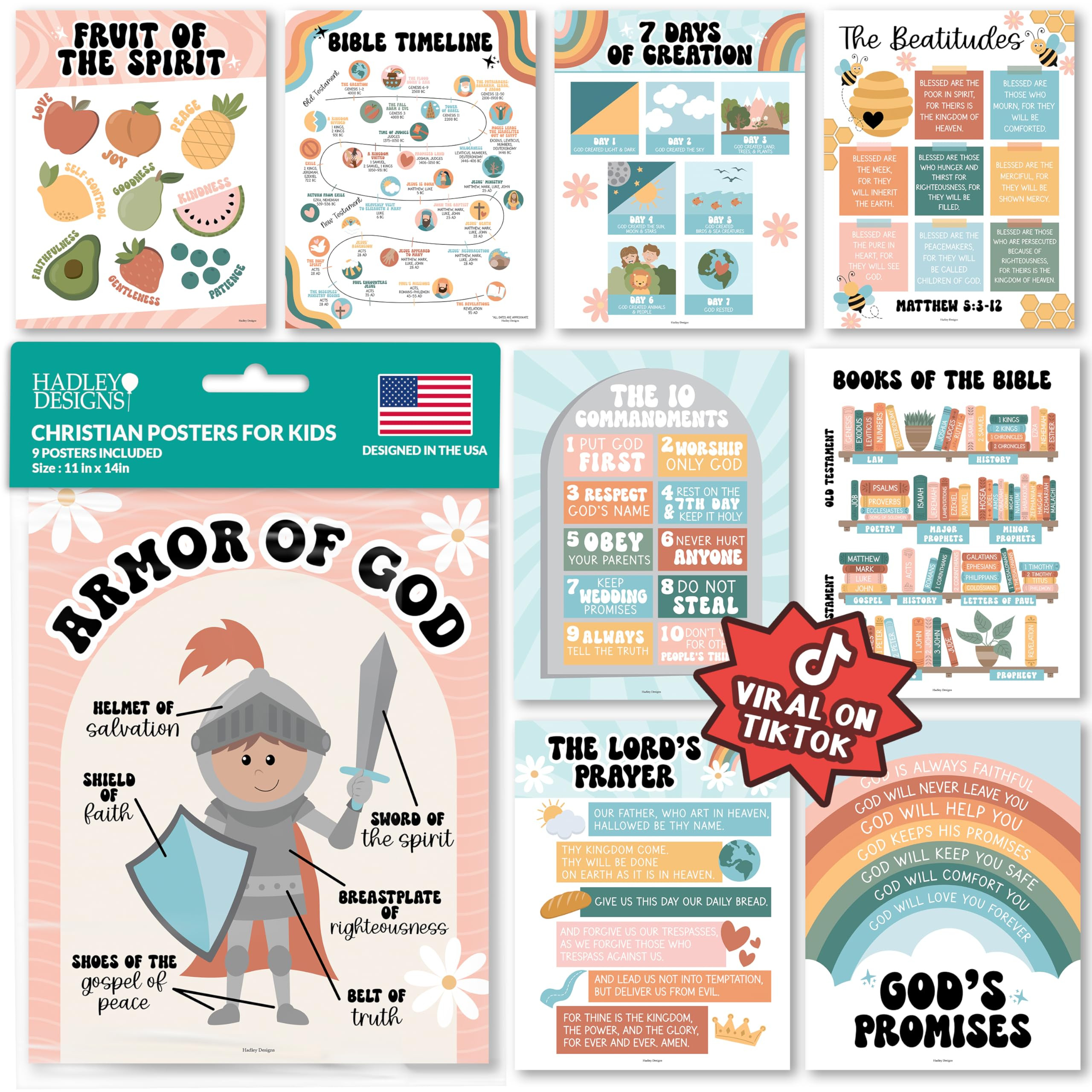 Hadley Designs Sunday School Decorations for Classroom – 9 Bible Posters for Kids, 11x14in Book... | Amazon (US)