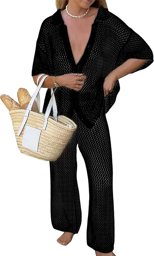 Springrain Womens 2 Piece Crochet Outfits Summer Hollow out Knit Lounge Sets Short Sleeve Tops an... | Amazon (US)