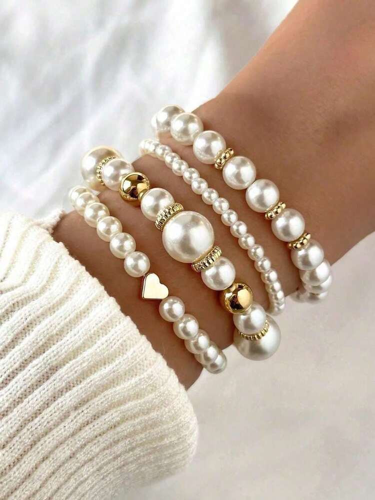 4Pcs Pearl Boho Bracelet Set Women Elegant Beaded Cuff Bangle Jewelry Her Mom Daughter Girlfriend... | SHEIN