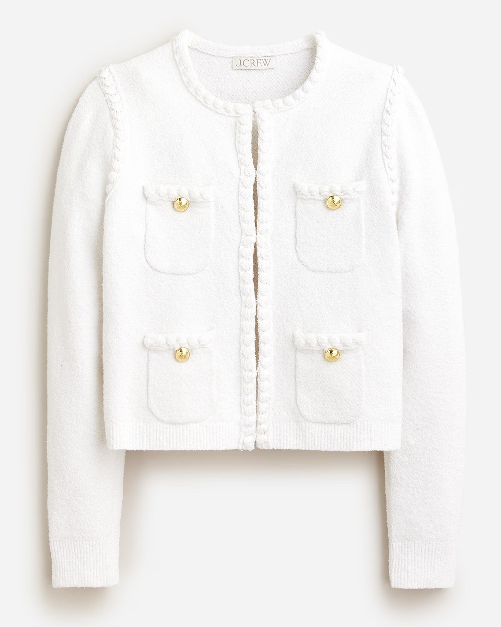 Best seller is back in stock!!  White and gold lady jacket, preppy style, cardigan jacket, sweater jacket Jcrew, spring outfit 

#LTKunder50 #LTKunder100 #LTKsalealert