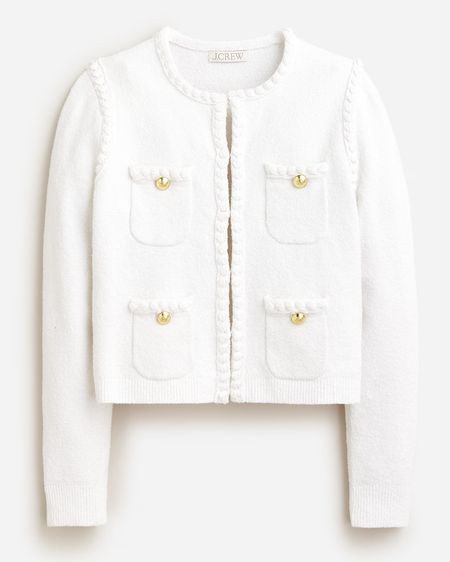Best seller is back in stock!!  White and gold lady jacket, preppy style, cardigan jacket, sweater jacket Jcrew, spring outfit 

#LTKunder50 #LTKunder100 #LTKsalealert
