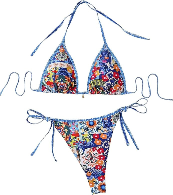 MakeMeChic Women's Plus Size 2 Piece Floral Bikini Set Halter Paisley String Summer Swimsuit Bath... | Amazon (US)