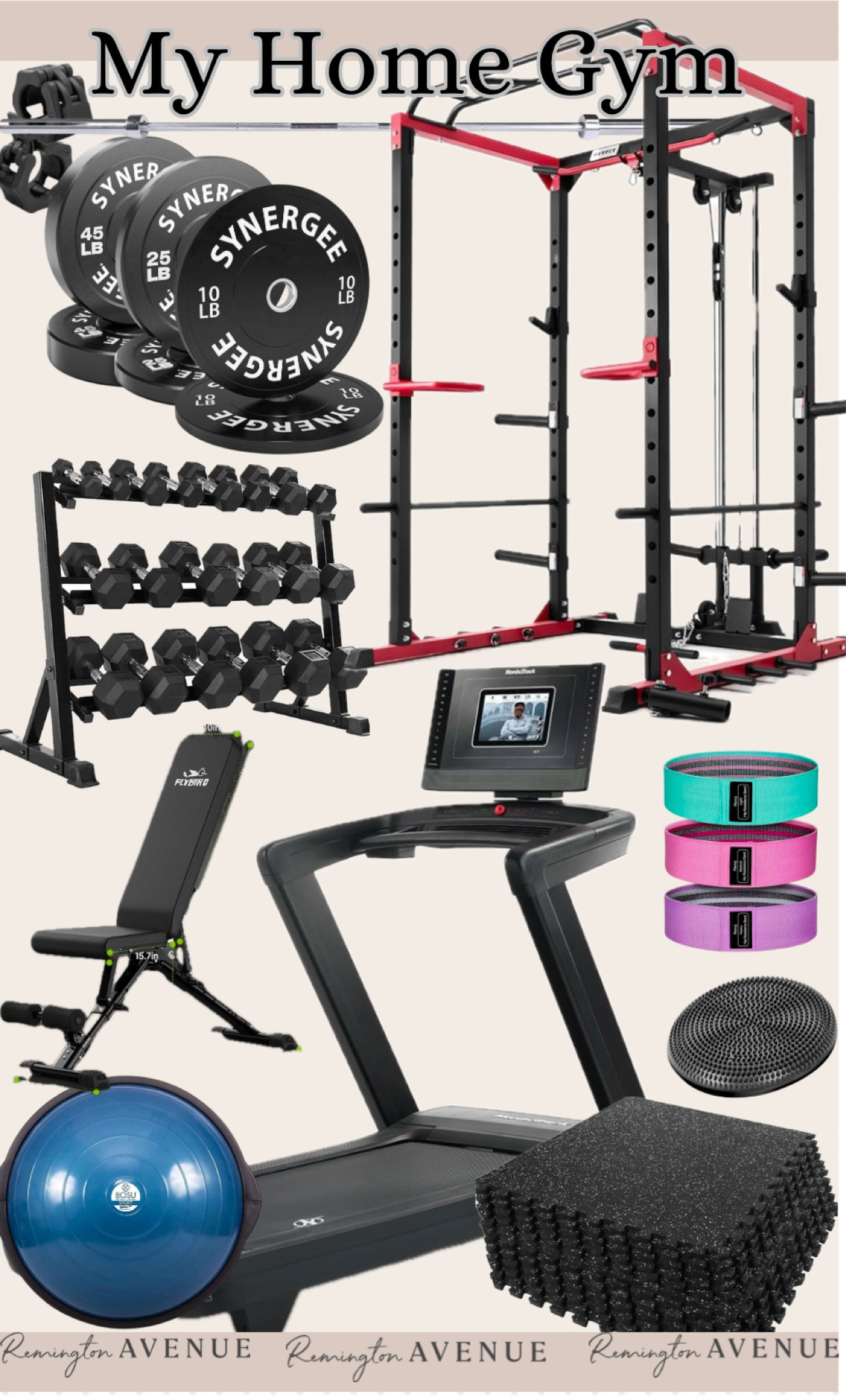 My home gym!
Free weights
Rubber flooring we played ourselves
Workout bench
Workout cage with pulley and barbell
Eight plates
Workout bands
Our treadmill 

#LTKActive #LTKSaleAlert #LTKFitness