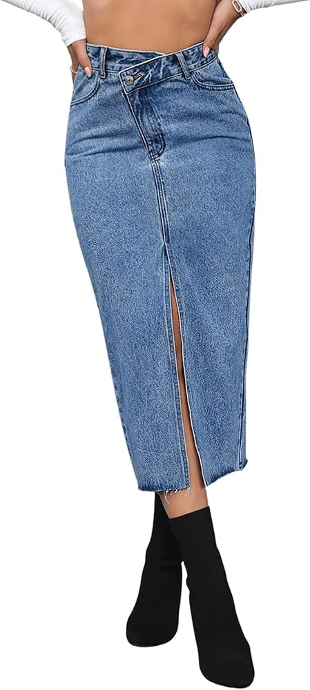 SweatyRocks Women's Casual High Waist Denim Skirt Split Hem Raw Trim Midi Jean Skirts | Amazon (US)