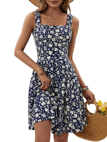 HUHOT Midi Dresses for Women Cute Boho Vacation Womens Summer Dresses Flowy Sleeveless Square Neck with Pockets | Amazon (US)