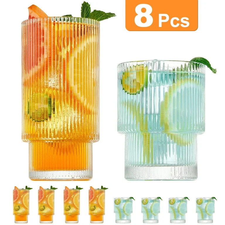 TINANA 12 oz Stackable Ribbed Beverage Glasses (Set of 8) | Walmart (US)