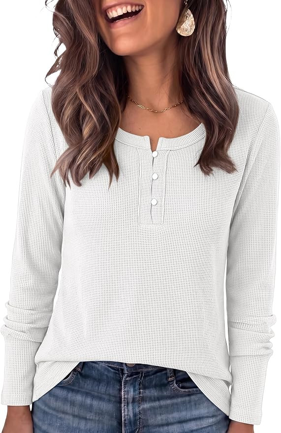 ANRABESS Women's Long Sleeve Shirts Waffle Knit Henley Tops | Amazon (US)