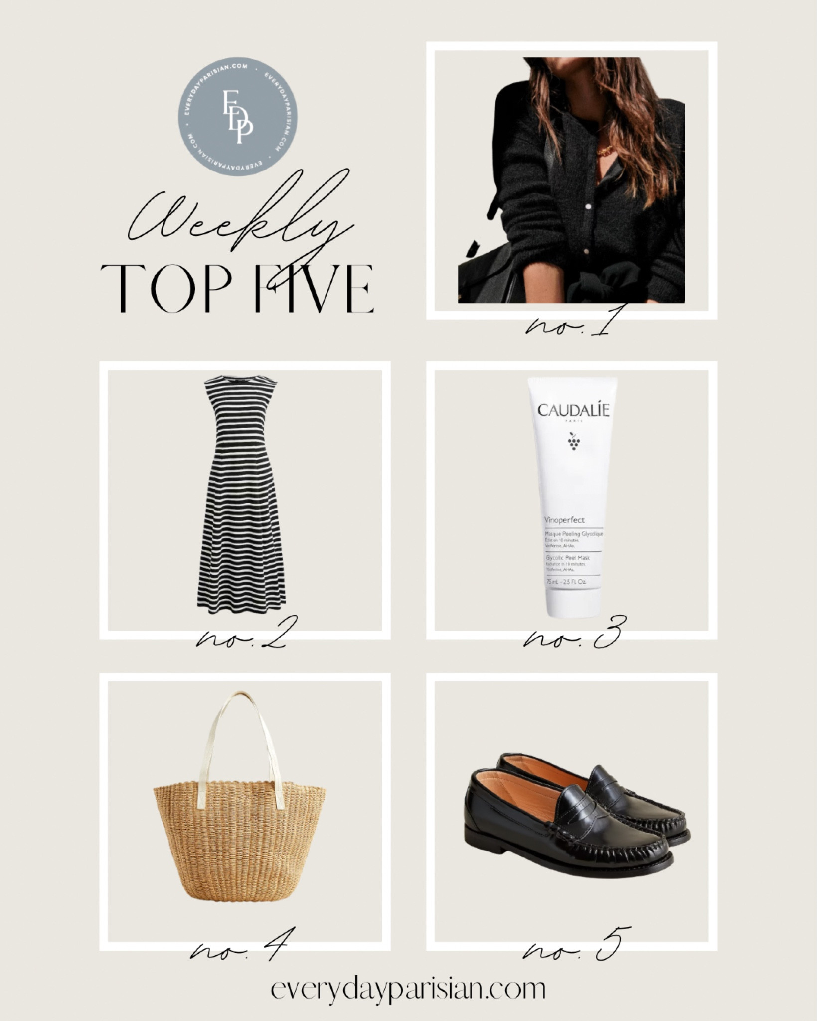 This week’s best sellers include an amazing Caudalie mask for glowing skin. Also, JCrew is 40% off save on this stripped dress, loafers, and market bag. Lastly, my favorite Sézane sweater is thé Gaspard and always a classic French girl wardrobe staple. (I wear my normal size small) 

#LTKstyletip #LTKshoecrush #LTKsalealert