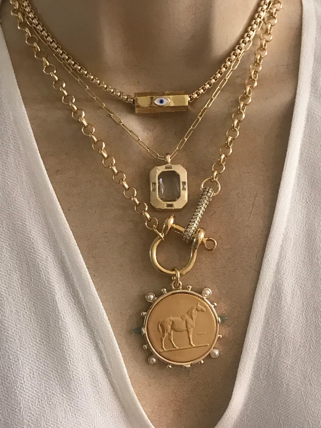 Equestrian medallion necklace/Evil eye necklace/ Clear crystal pendant necklace | Etsy (US)