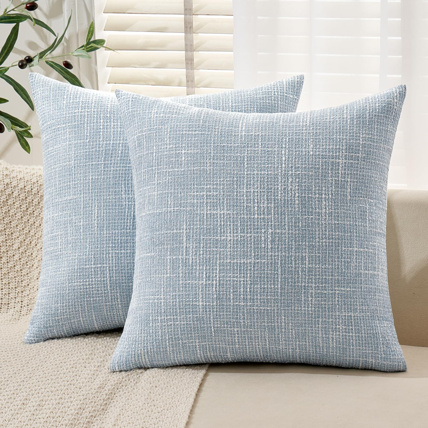 MIULEE 24x24 Inch Euro sham Burlap Linen Pillow Covers Set of 2 - Coastal Light Blue Washed Soft ... | Amazon (US)