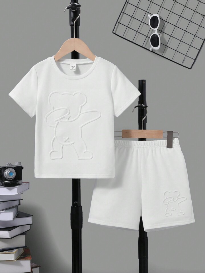 SHEIN Kids EVRYDAY 2pcs/Set Young Boy Cartoon Printed T-Shirt And Shorts Casual Solid Color Outfi... | SHEIN