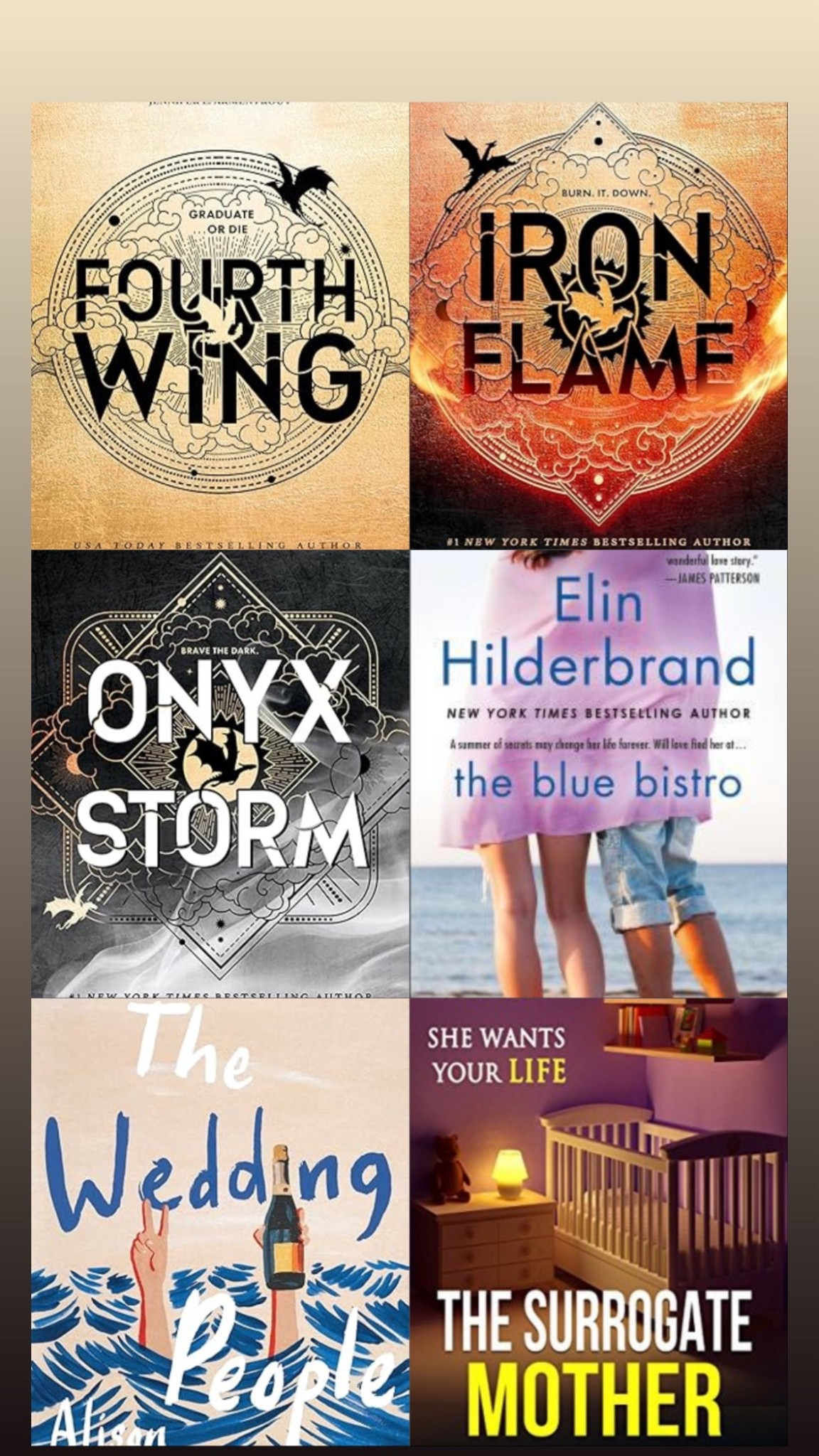 Books I read in 2025! 

All of Fourth Wing is ⭐️⭐️⭐️⭐️⭐️, no notes. 

The Blue Bistro ⭐️⭐️⭐️ easy read but I hated the characters. 

The Wedding People ⭐️⭐️⭐️⭐️ a really cute story and easy to read. 

The Surrogate Mother ⭐️⭐️⭐️⭐️ a lot is twists and turns. This book will make you feel like you’re the crazy one lol 

books, reading 

#LTKFindsUnder50