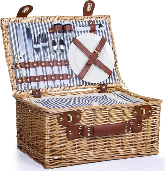 Picnic Basket for 2 Wicker Picnic Set with Insulated Liner for Camping,Wedding,Valentine Day,Gift... | Amazon (US)