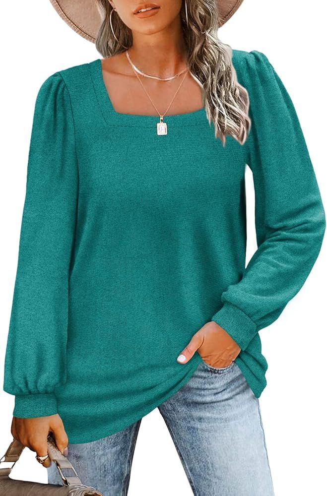 WIHOLL Tunic Tops for Women Loose Fit Long Sleeve Shirts Square Neck Tops | Amazon (US)