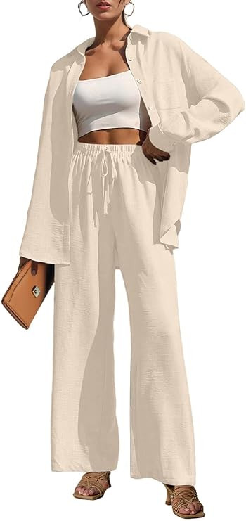 Lepunuo 2 Piece Outfits for Women Casual Lounge Sets Long Sleeve Button Down Shirts and Wide Leg ... | Amazon (US)