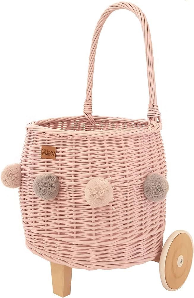 WIKLIBOX Rattan Pully Toy Basket - European Hand Made - Wicker Luggy Toy Storage (Pink with Pom P... | Amazon (US)
