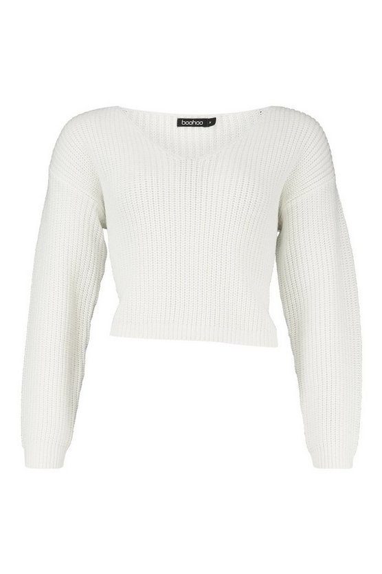Cropped Fisherman V Neck Jumper | Boohoo.com (US & CA)