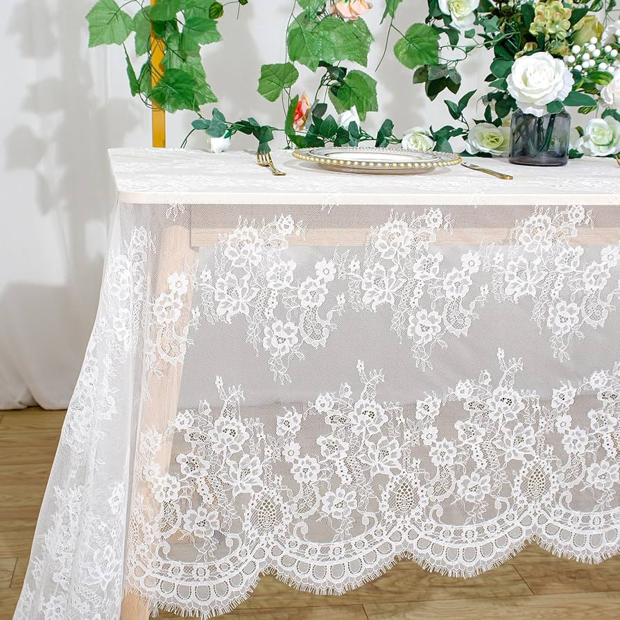 ShinyBeauty Wedding Tablecloth - Rectangle White Lace, 60x120 Inches - Classic Embroidered Lace O... | Amazon (US)