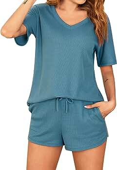 Ekouaer Womens Pajama Sets Waffle Knit 2 Piece Pj Set Short Sleeve Lounge Top and Shorts with Pocket | Amazon (US)