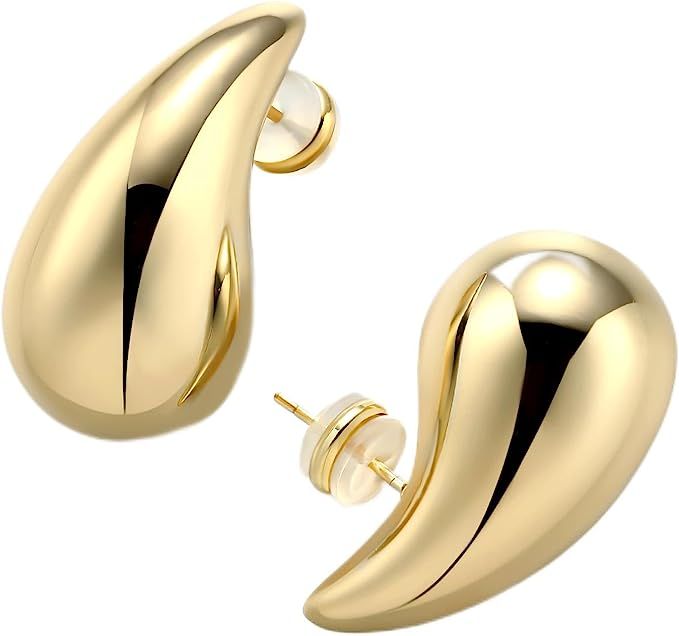 LecAit 14K Gold Chunky Waterdrop Earrings for Women,Lightweight Big Teardrop Hollow Drop Dangle E... | Amazon (US)