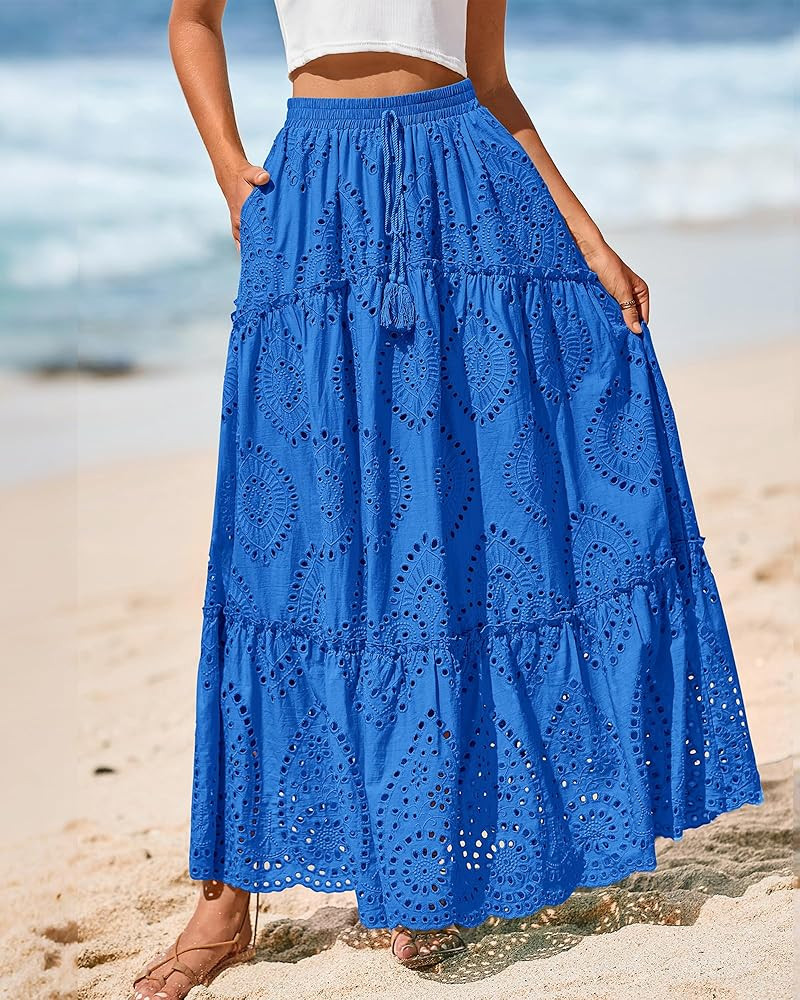BTFBM Long Skirts for Women Summer 2026 Boho Lace Embroidery High Waist Flowy Tiered Spring Maxi ... | Amazon (US)