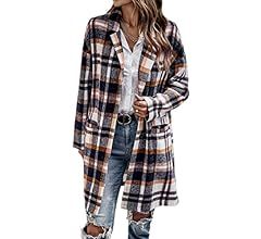 CCTOO Shacket Jacket Women Plaid Long Flannel Lapel Long Sleeve Button Down Shirt Jacket Coats with  | Amazon (US)