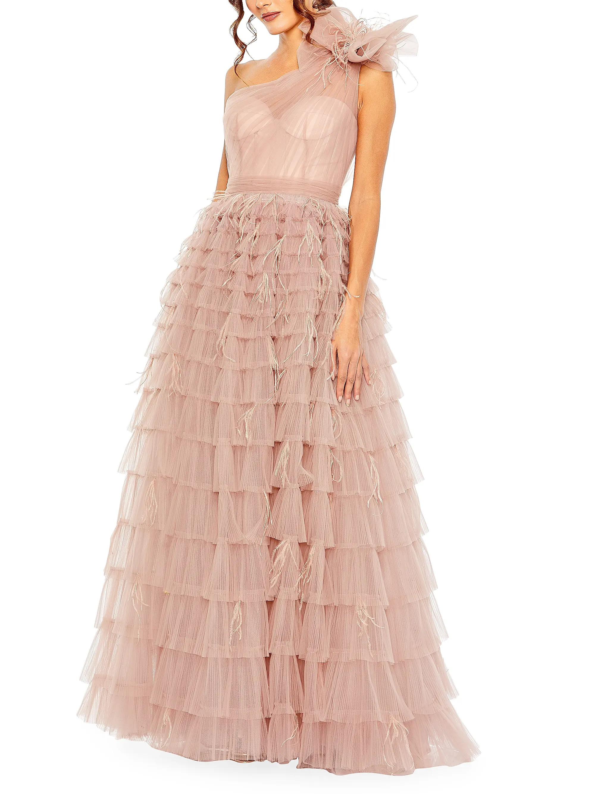 Mac Duggal One-Shoulder Feathered Tulle Gown | Saks Fifth Avenue | Saks Fifth Avenue