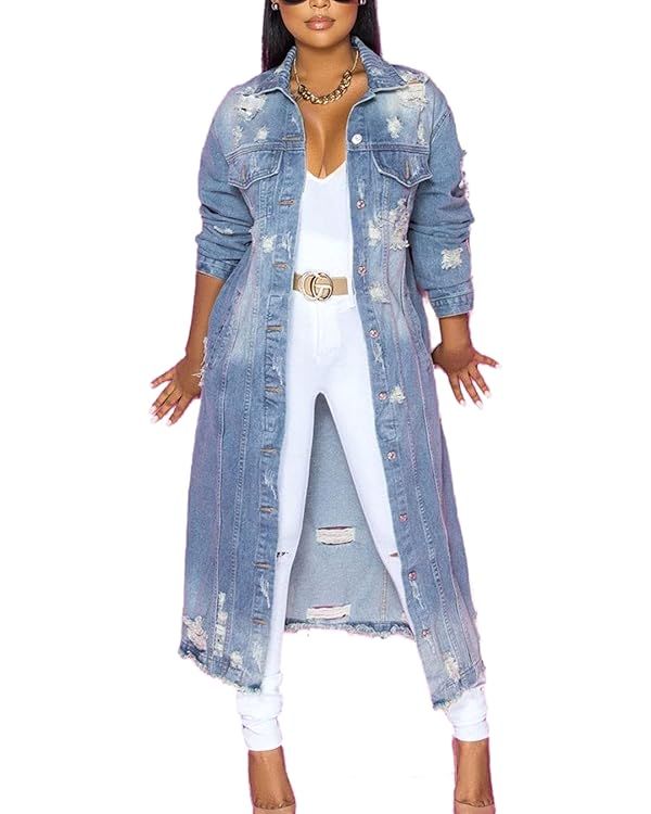 ebossy Women's Ripped Out Distressed Washed Long Blue Denim Jacket Trench Coat | Amazon (US)