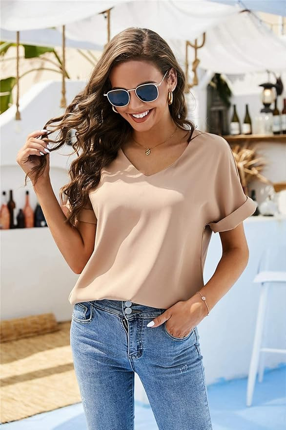 Lynwitkui Women V Neck Chiffon Blouse Short Sleeve Summer Casual Loose Shirt Tops | Amazon (US)