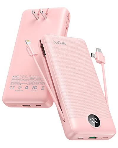 VRURC Portable Charger 20000mAh, Fast Charging Power Bank USB C,4 Output 2 Input Travel Essentials Charging Bank Equipped with LED Display,Built-in Wall Plug and Cables,Phone Charger Battery,Pink | Amazon (US)