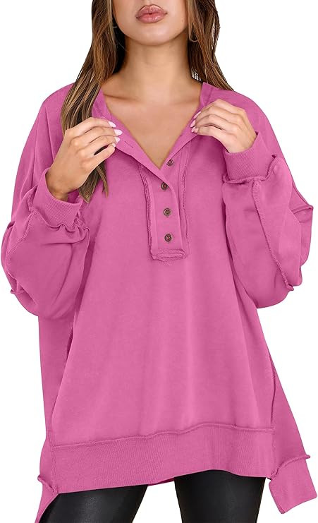 Caracilia Women's Oversized Sweatshirts Long Sleeve Henley Button Down Pullover Hoodies Tunic Top... | Amazon (US)