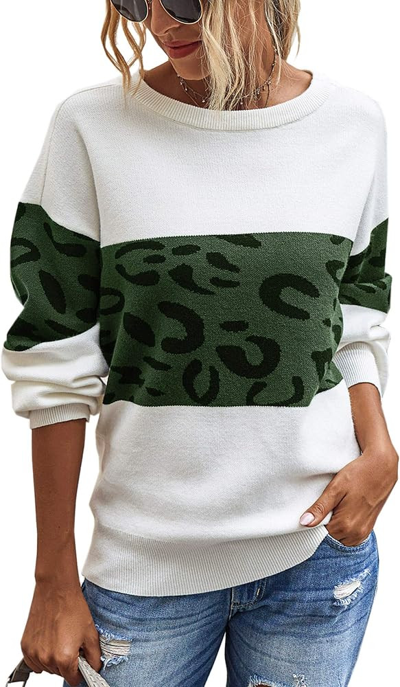 Angashion Women's Leopard Sweaters Casual Long Sleeve Crewneck Color Block Patchwork Pullover Kni... | Amazon (US)
