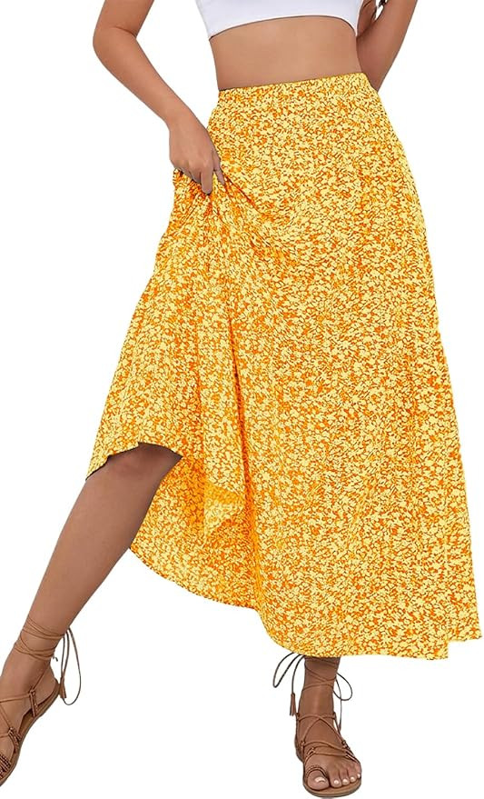 Women's Boho Maxi Skirt Floral Printed Smocked High Waist Long Skirts with Pockets Flowy Ruffle A... | Amazon (US)